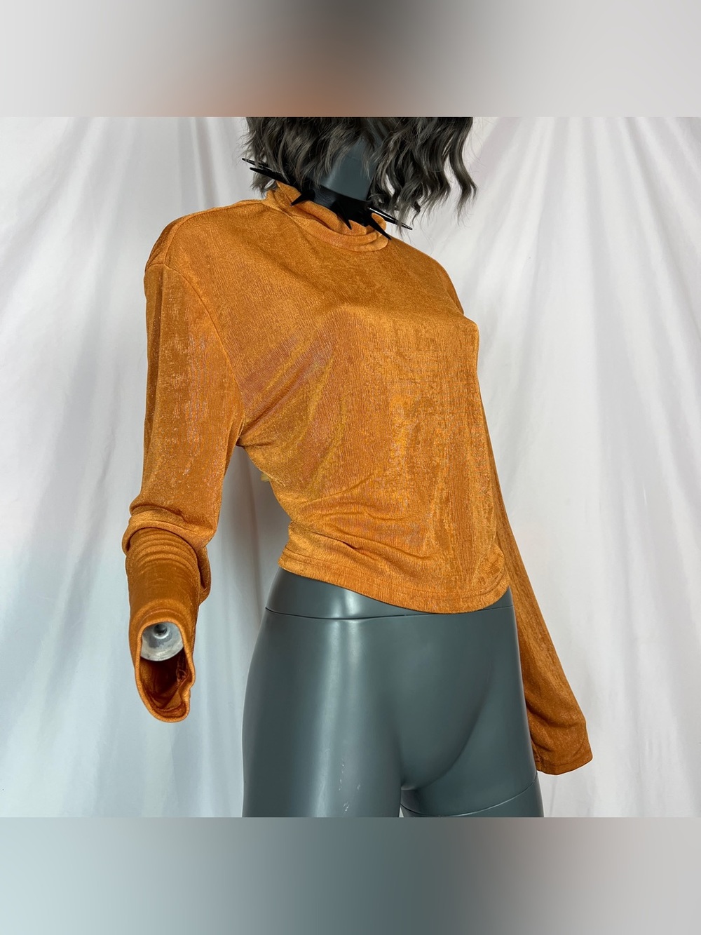 Golden Rust Orange Shimmer Cowl Neck Cropped Long Sleeve Shirt
